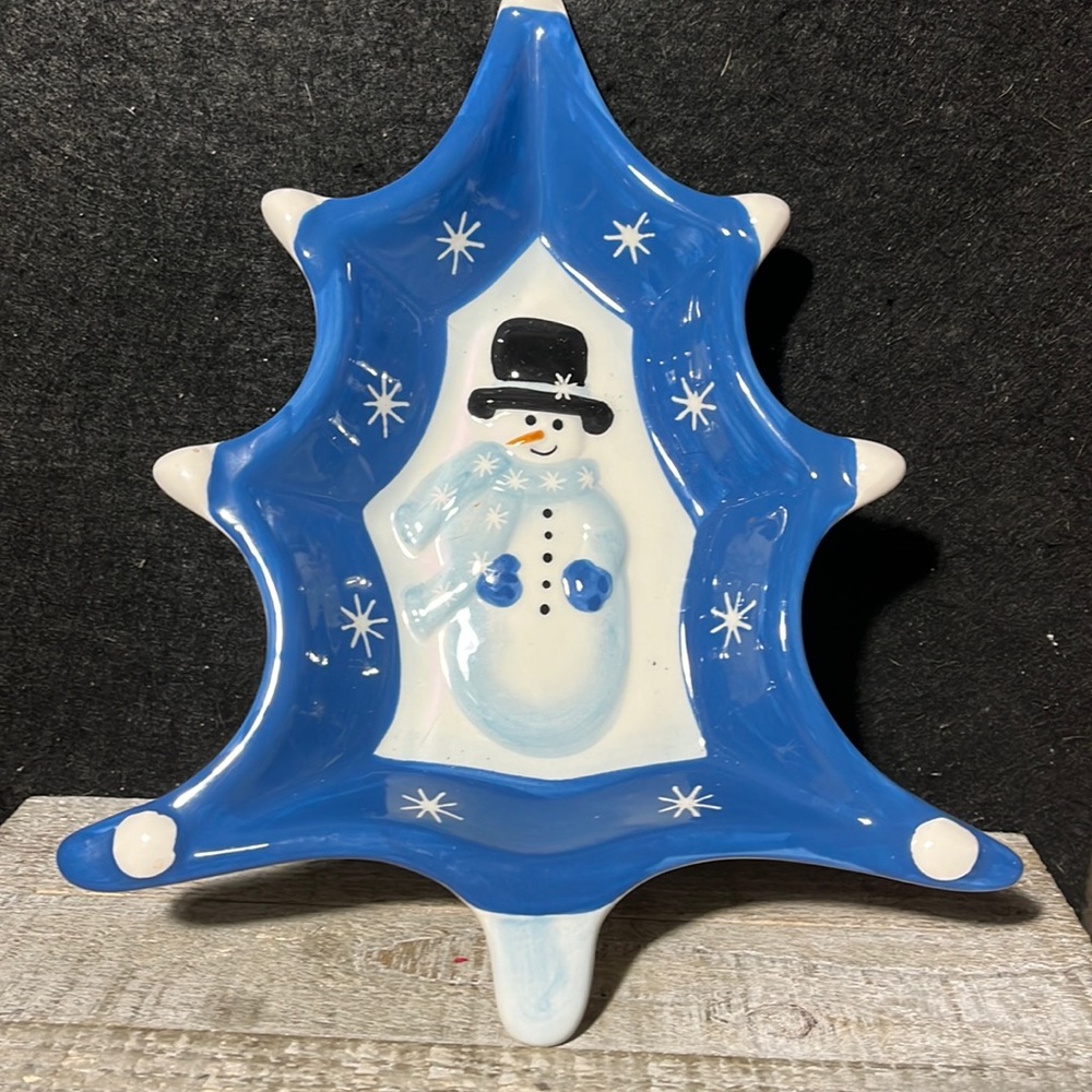 Hand-Painted Christmas Tree-Shaped With Snowman Ceramic Candy Dish Tray